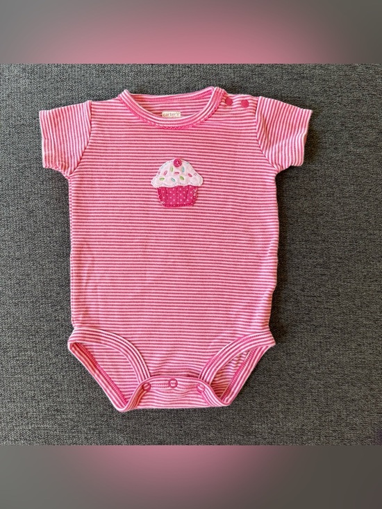 Carter's Other - Y2K Carter's Pink Striped Baby Gil’s Onesie Cupcake Appliqué Short Sleeve 6M